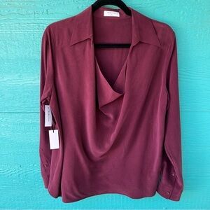 ARITZIA BABATON SILK RICH MAROON REIHANA DRAPED LONG SLEEVE TOP SIZE MEDIUM NWT